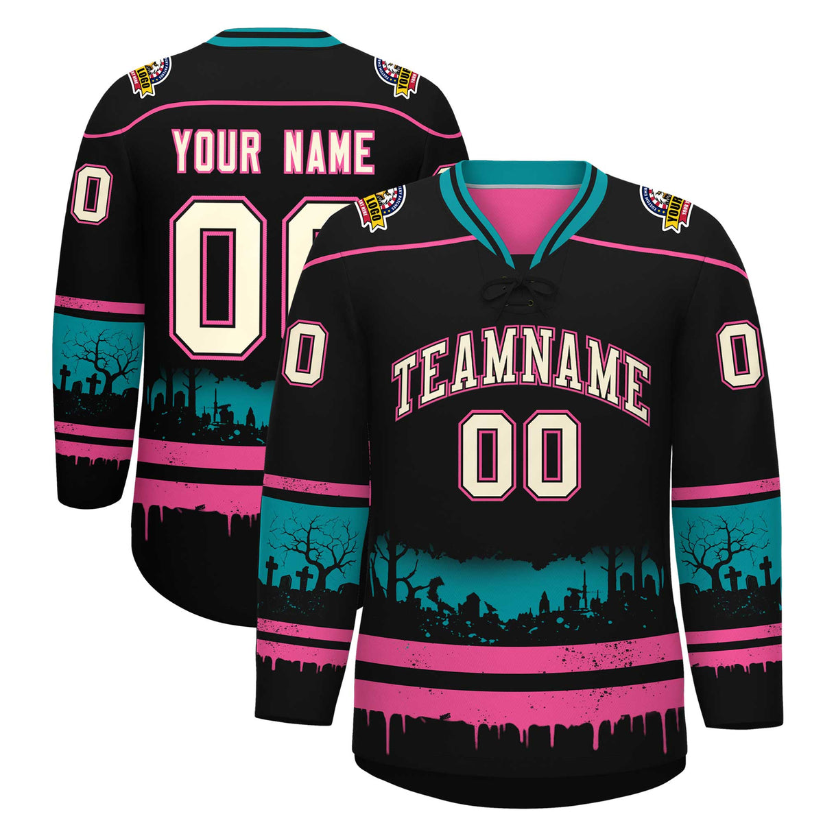 Custom Black Pink Teal Gradient Fashion Halloween Stretch Fabric Hockey Jersey| KXKSHOP