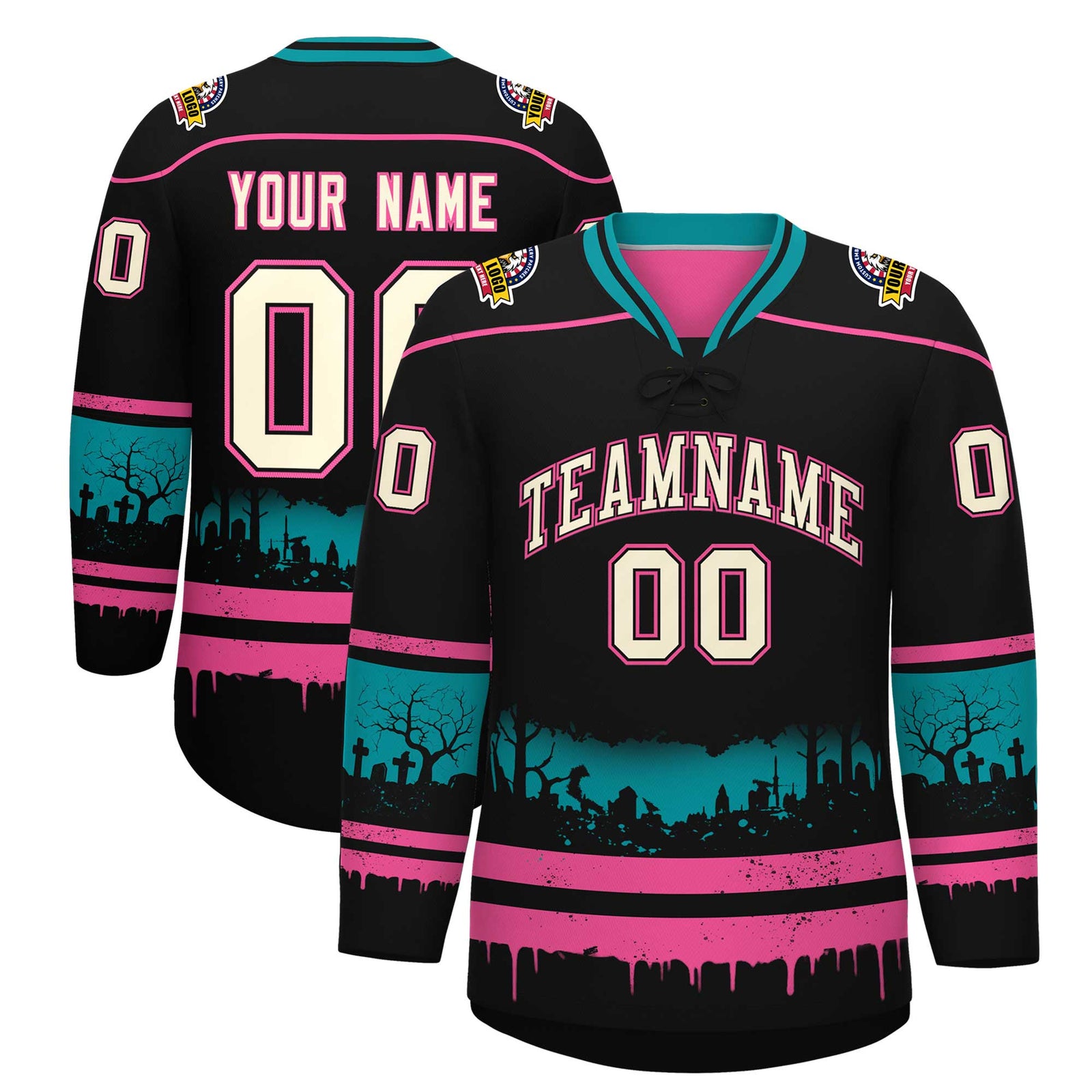 Custom Black Pink Teal Gradient Fashion Halloween Stretch Fabric Hockey Jersey| KXKSHOP