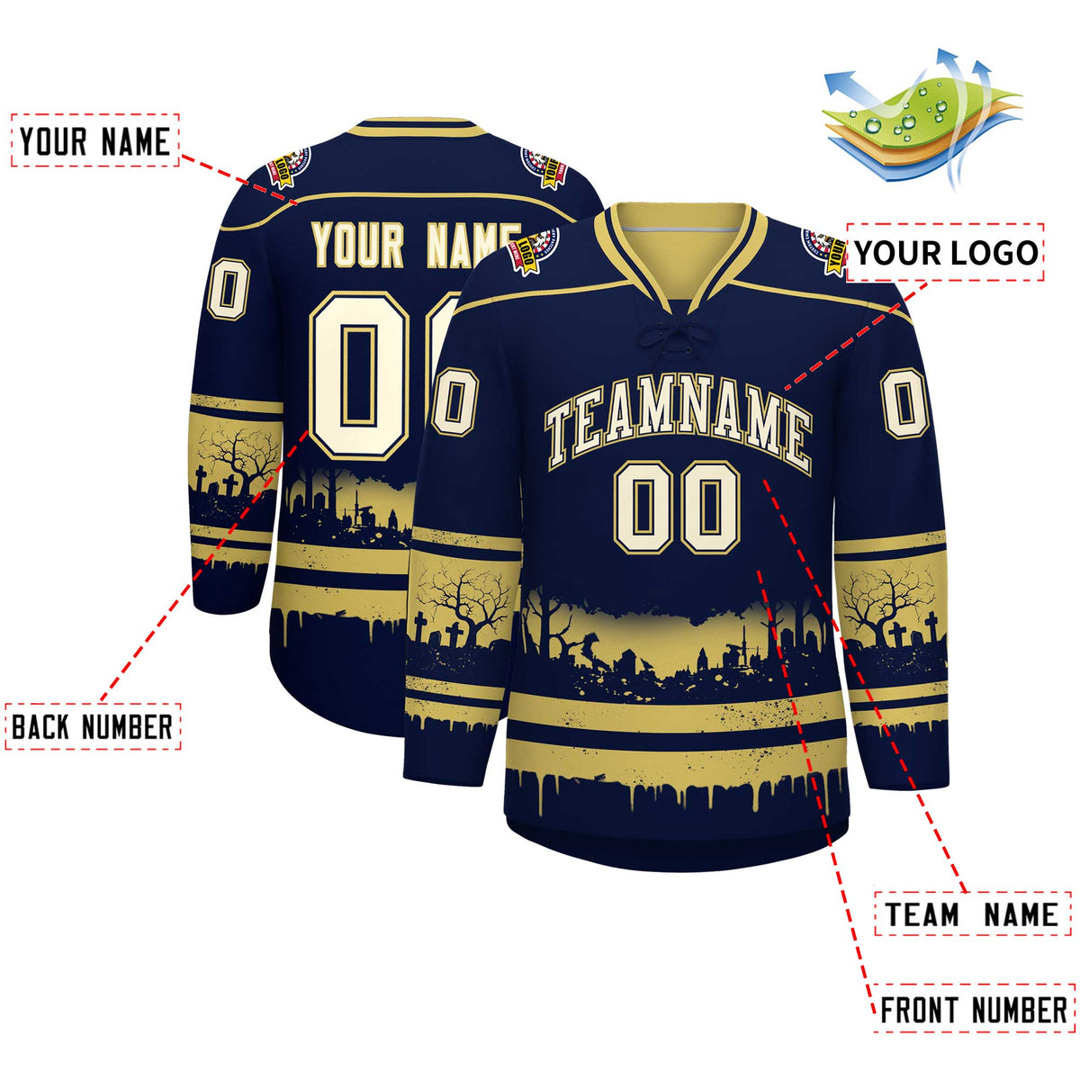 Custom Navy Old Gold Cream Gradient Fashion Halloween Stretch Fabric Hockey Jersey| KXKSHOP