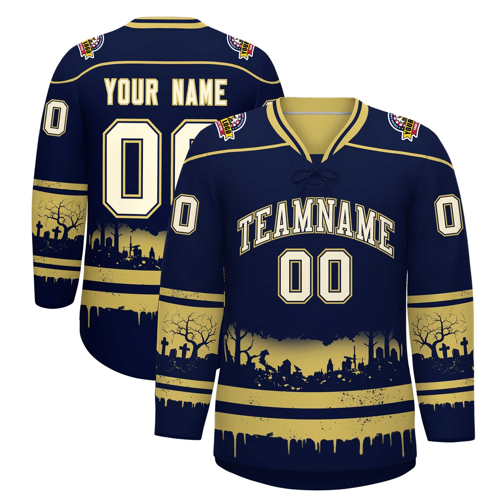 Custom Navy Old Gold Cream Gradient Fashion Halloween Stretch Fabric Hockey Jersey| KXKSHOP