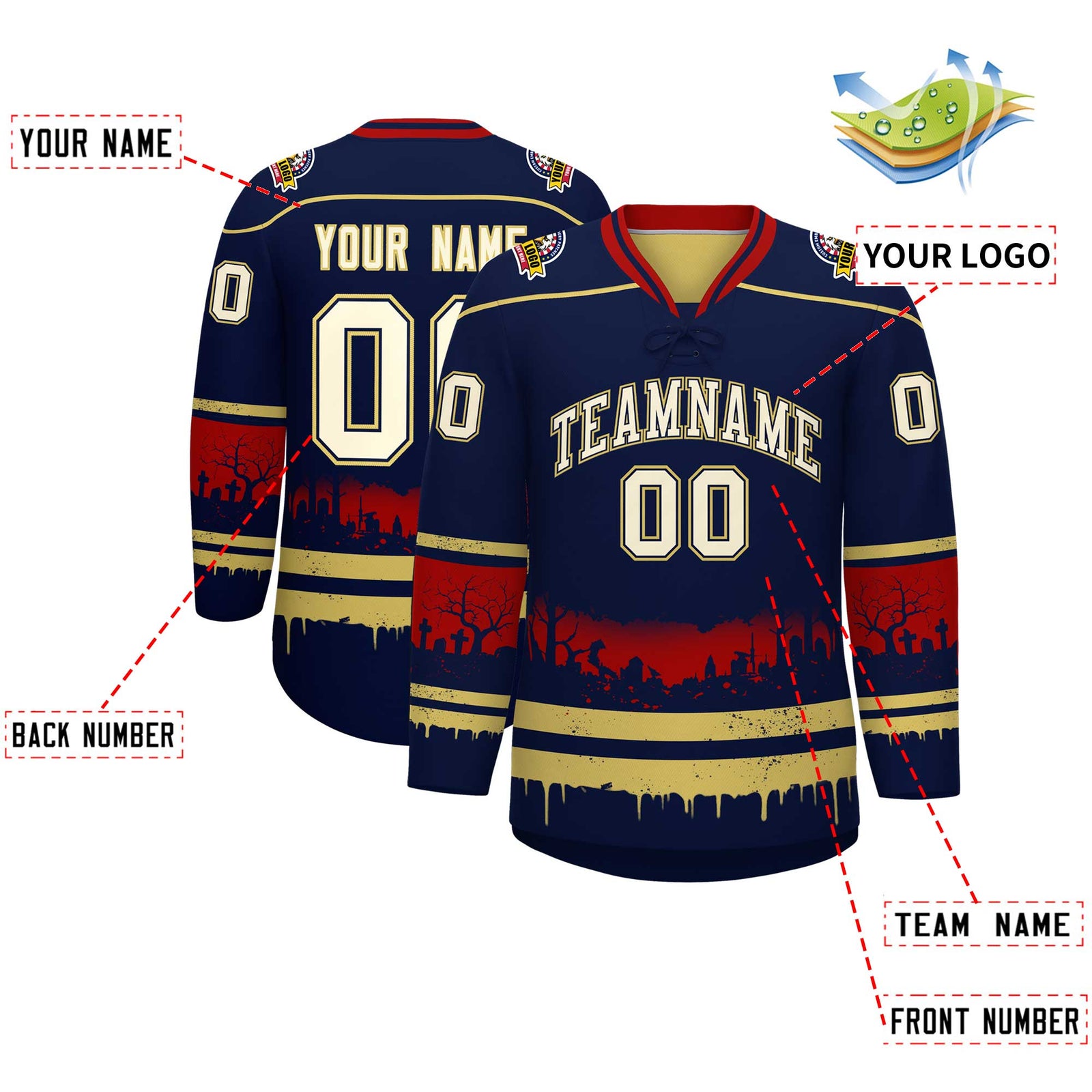 Custom Navy Old Gold Red Gradient Fashion Halloween Stretch Fabric Hockey Jersey| KXKSHOP