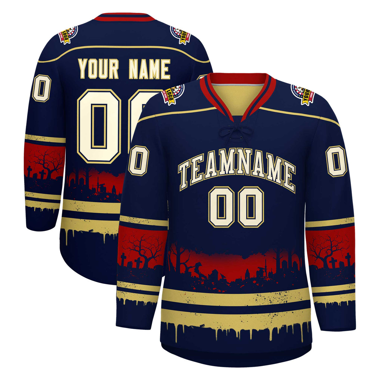Custom Navy Old Gold Red Gradient Fashion Halloween Stretch Fabric Hockey Jersey| KXKSHOP