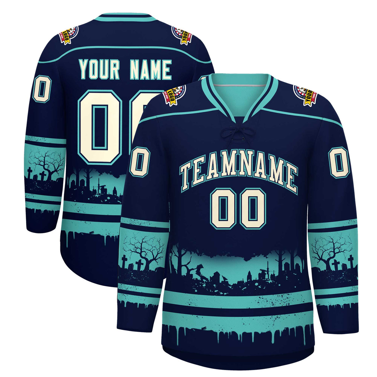 Custom Navy Teal Cream Gradient Fashion Halloween Stretch Fabric Hockey Jersey| KXKSHOP