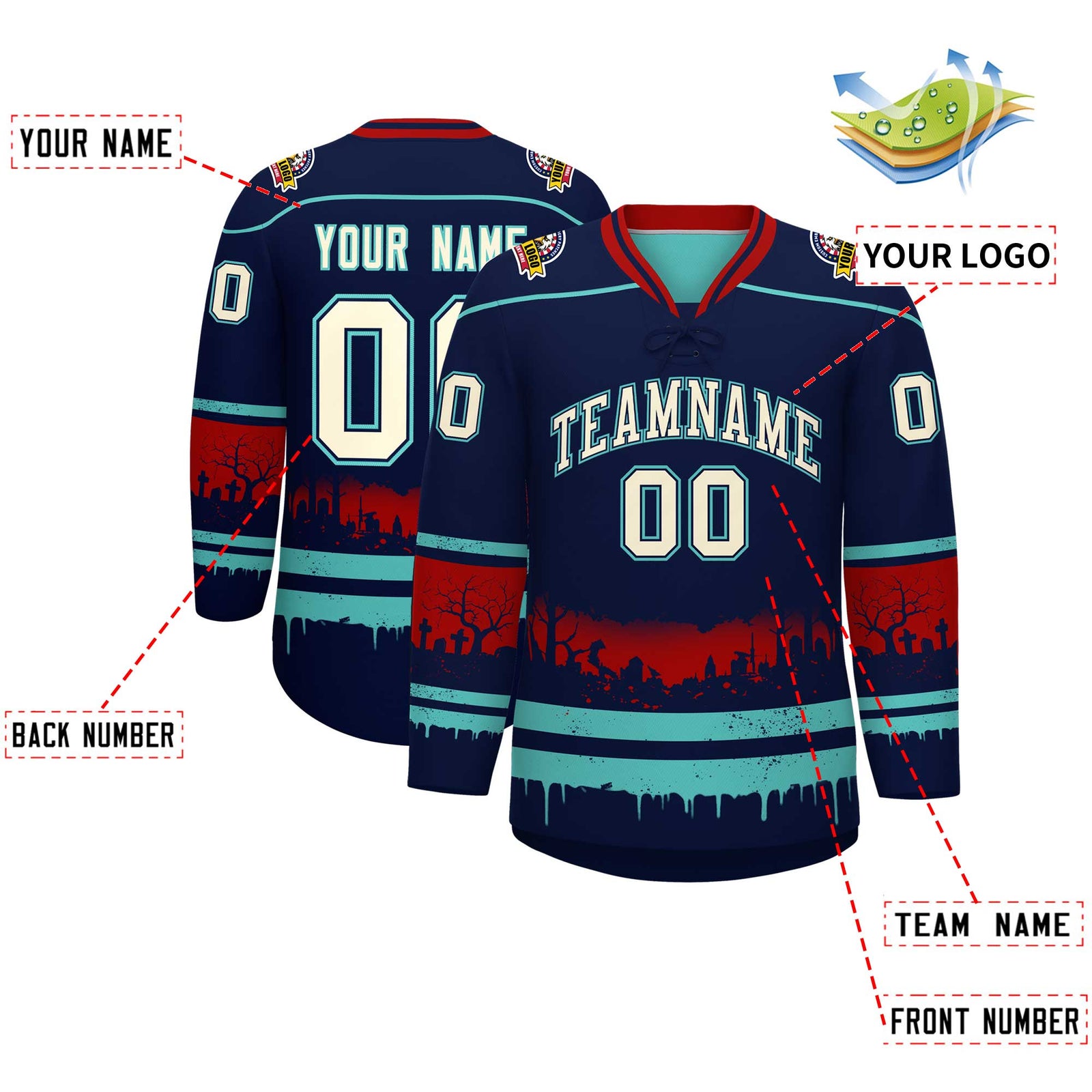 Custom Navy Teal Red Gradient Fashion Halloween Stretch Fabric Hockey Jersey| KXKSHOP