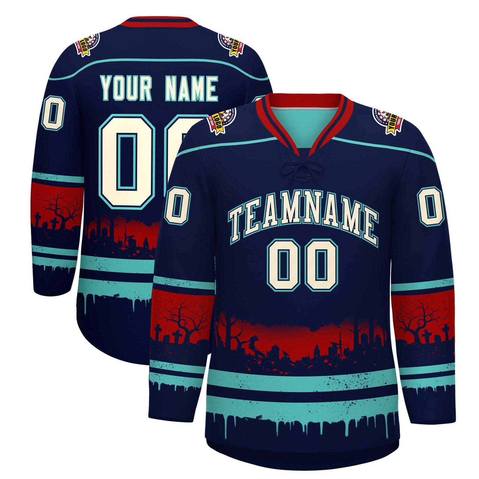 Custom Navy Teal Red Gradient Fashion Halloween Stretch Fabric Hockey Jersey| KXKSHOP