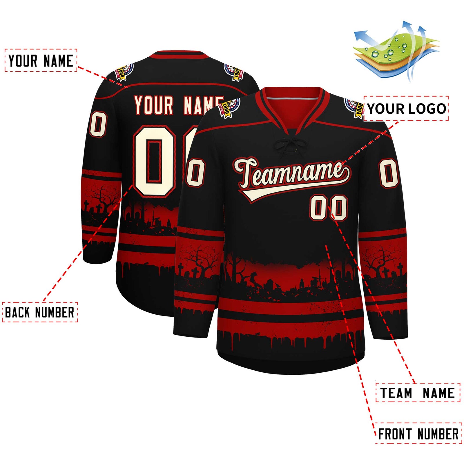Custom Black Red Cream Gradient Fashion Halloween Stretch Fabric Hockey Jersey| KXKSHOP