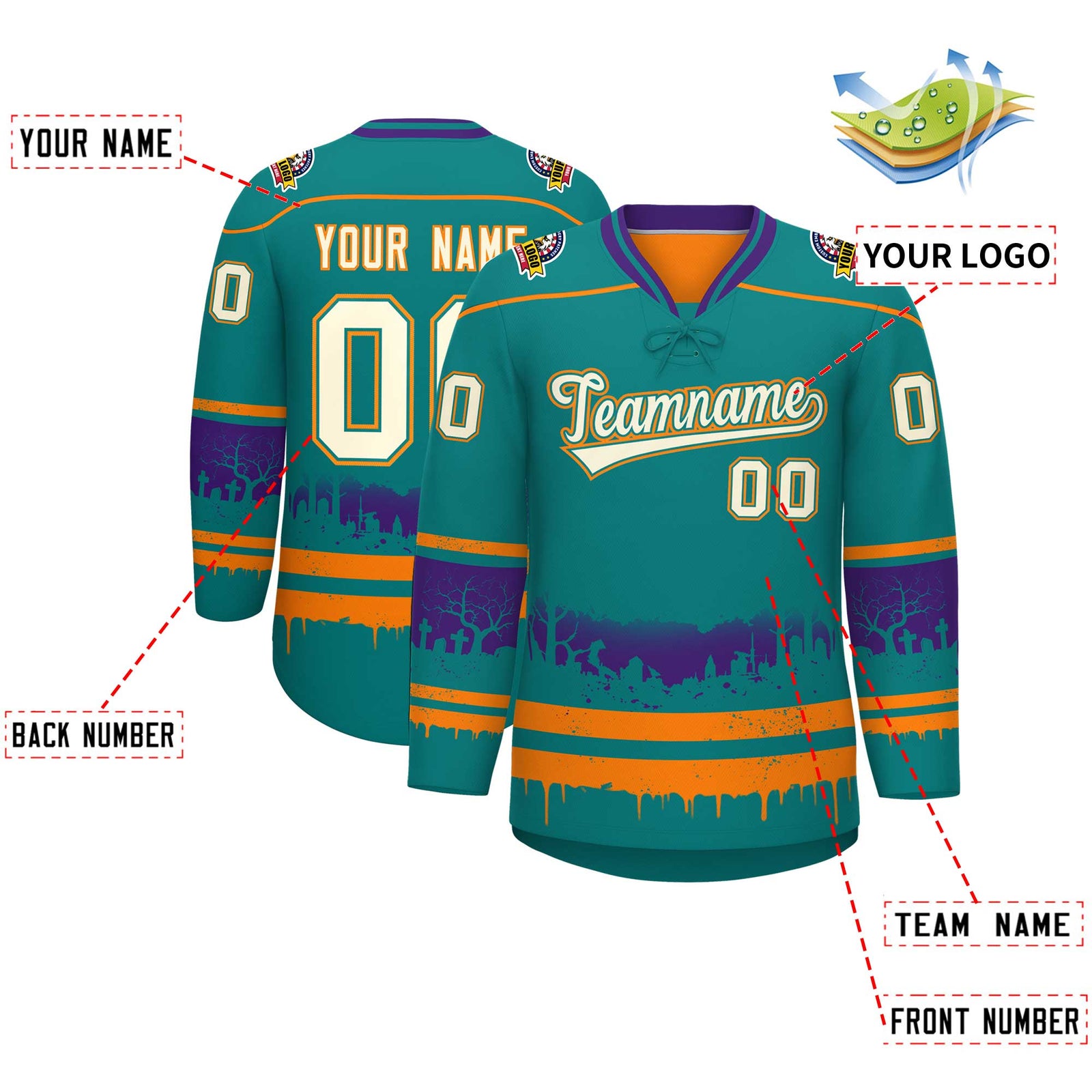 Custom Teal Orange Purple Gradient Fashion Halloween Stretch Fabric Hockey Jersey| KXKSHOP