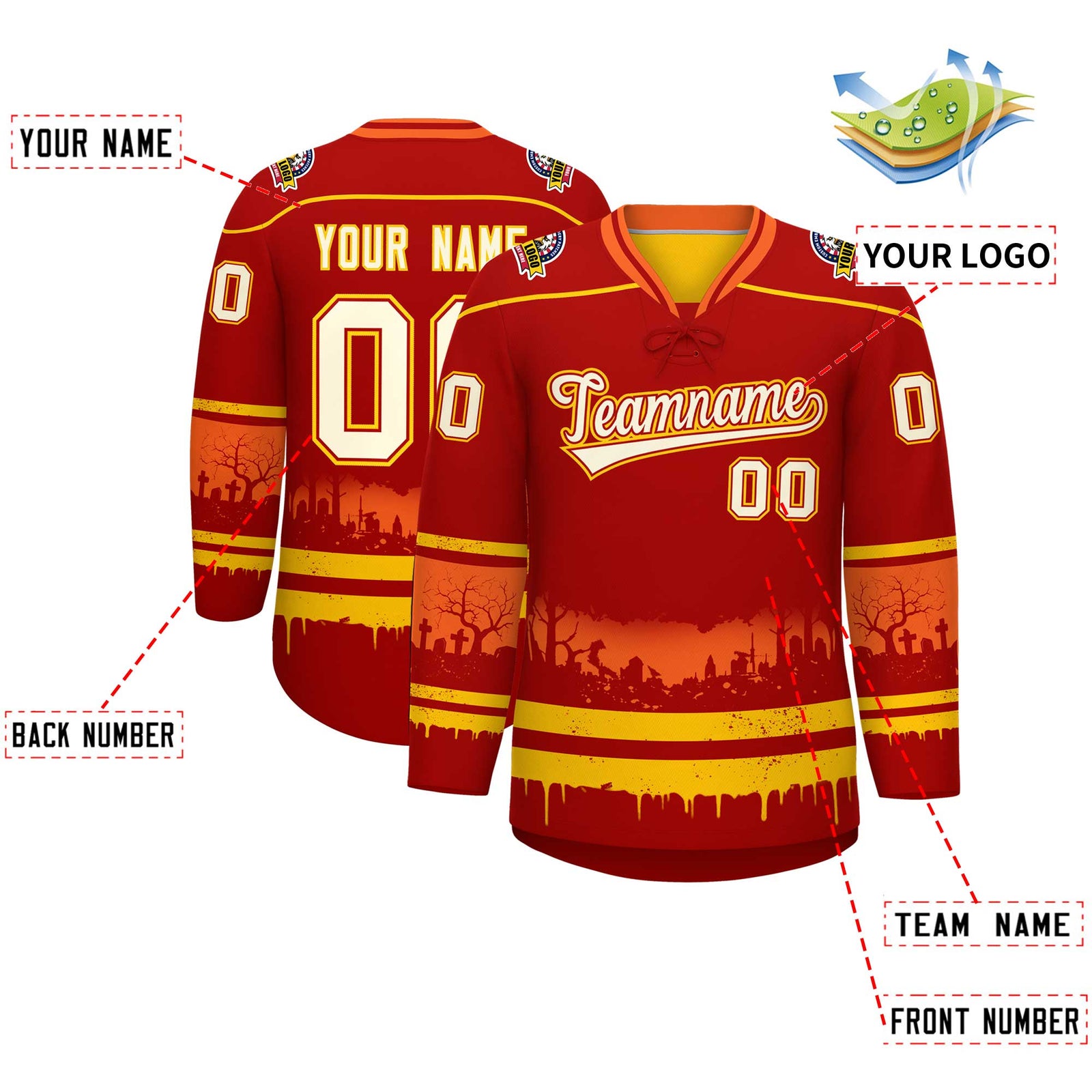 Custom Red Gold Orange Gradient Fashion Halloween Stretch Fabric Hockey Jersey| KXKSHOP