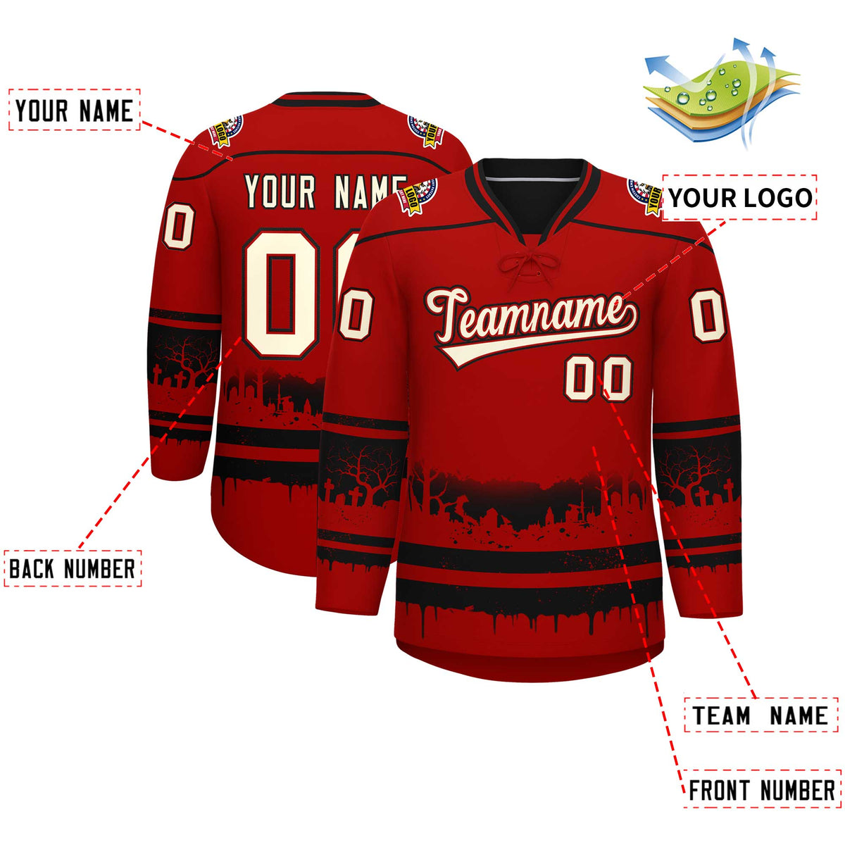 Custom Red Black Cream Gradient Fashion Halloween Stretch Fabric Hockey Jersey| KXKSHOP