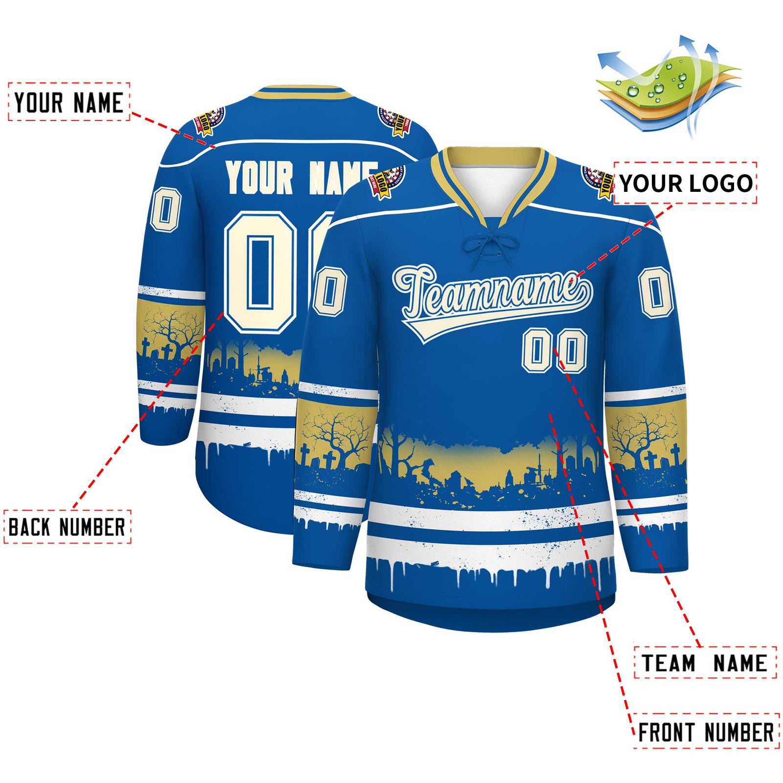 Custom Royal White Old Gold Gradient Fashion Halloween Stretch Fabric Hockey Jersey| KXKSHOP