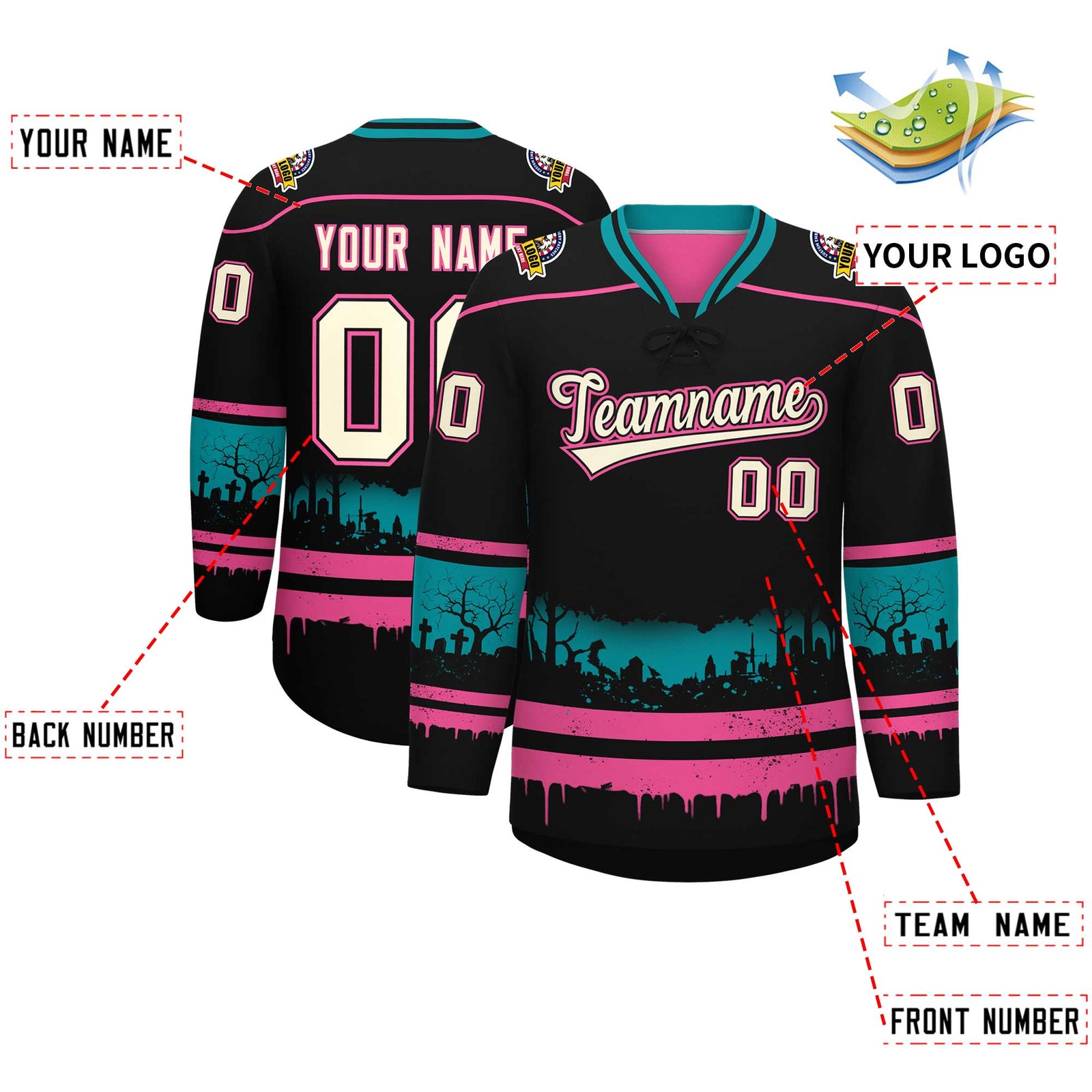Custom Black Pink Teal Gradient Fashion Halloween Stretch Fabric Hockey Jersey| KXKSHOP