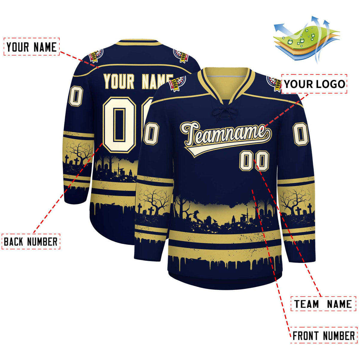 Custom Navy Old Gold Cream Gradient Fashion Halloween Stretch Fabric Hockey Jersey| KXKSHOP