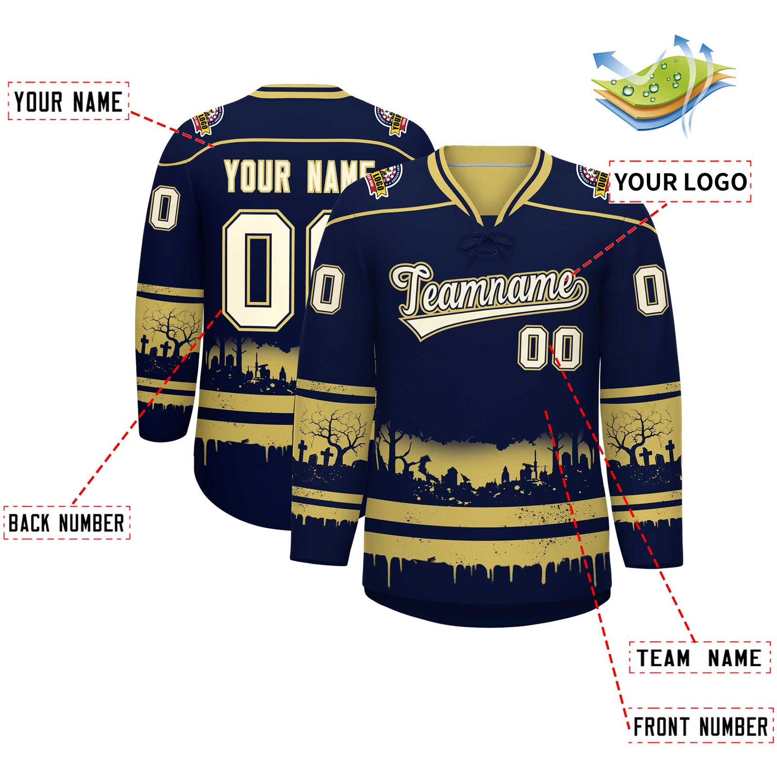 Custom Navy Old Gold Cream Gradient Fashion Halloween Stretch Fabric Hockey Jersey| KXKSHOP