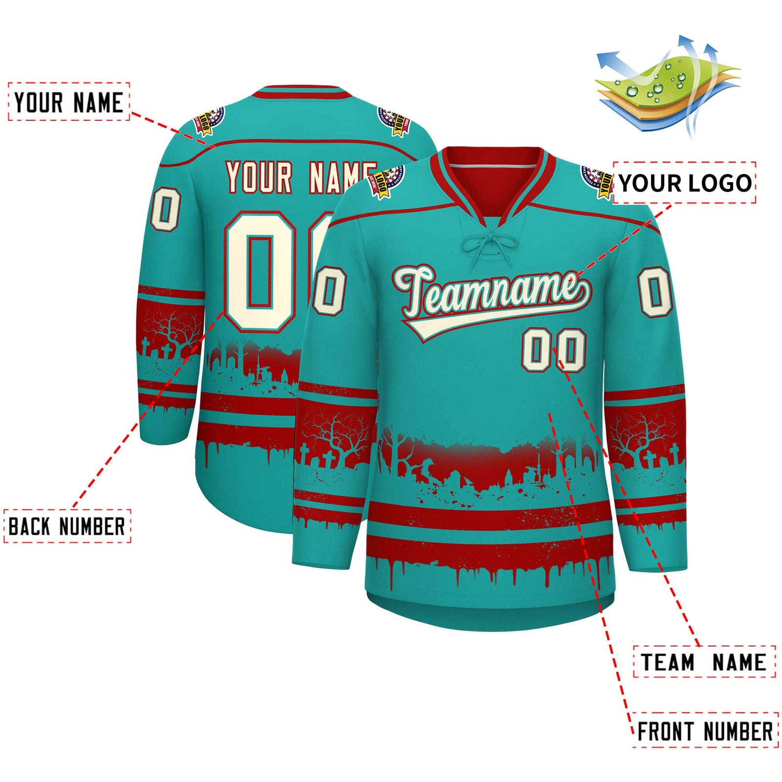 Custom Aqua Red Cream Gradient Fashion Halloween Stretch Fabric Hockey Jersey| KXKSHOP