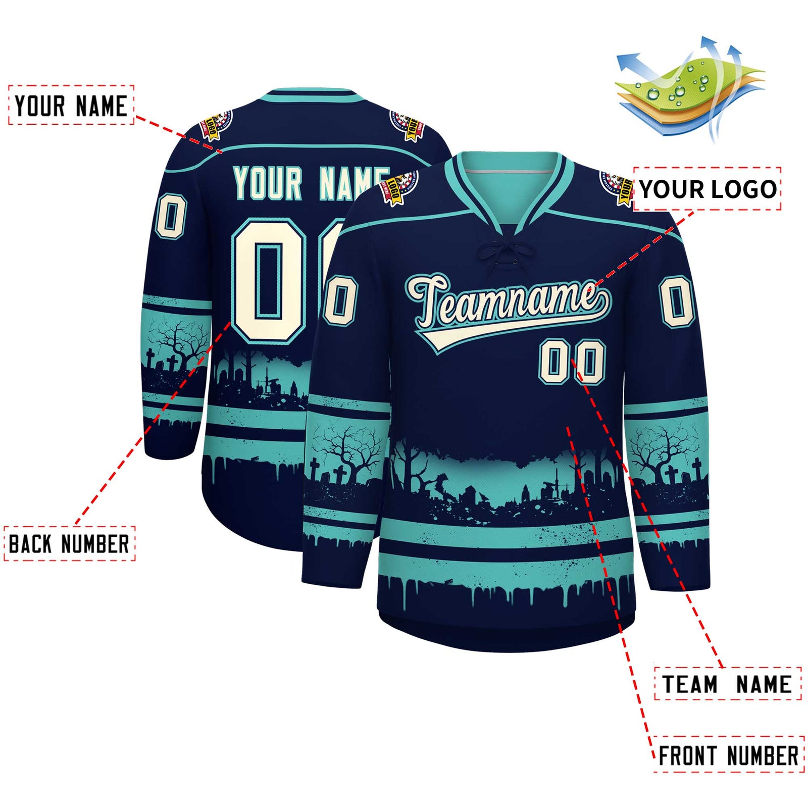 Custom Navy Teal Cream Gradient Fashion Halloween Stretch Fabric Hockey Jersey| KXKSHOP