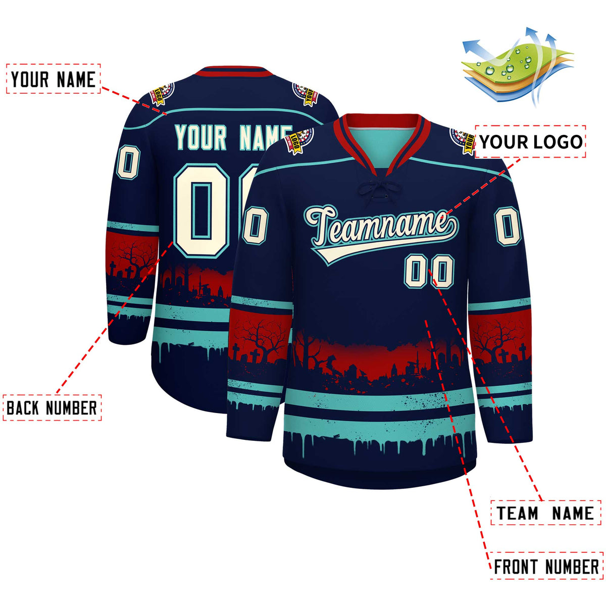 Custom Navy Teal Red Gradient Fashion Halloween Stretch Fabric Hockey Jersey| KXKSHOP