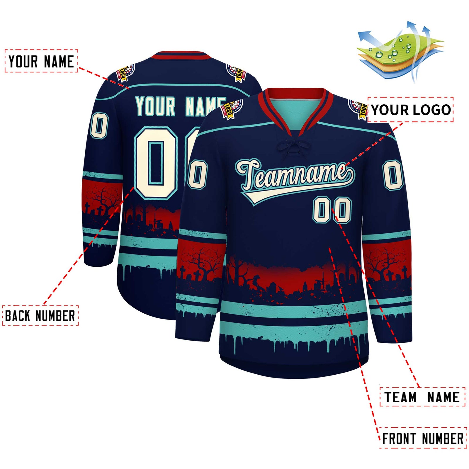 Custom Navy Teal Red Gradient Fashion Halloween Stretch Fabric Hockey Jersey| KXKSHOP