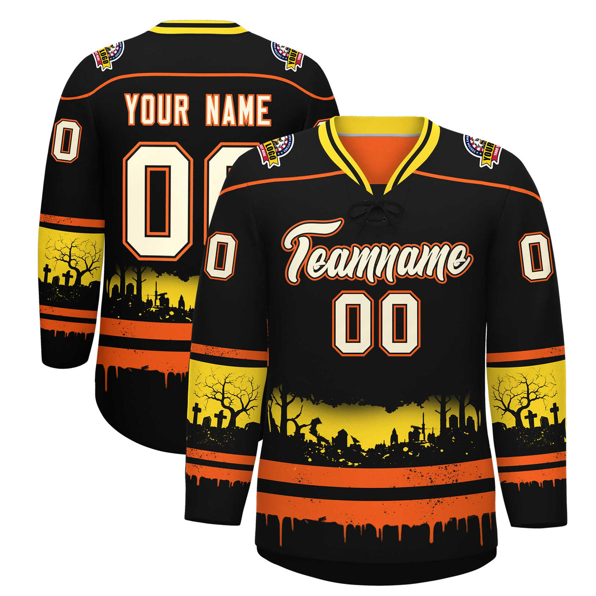 Custom Black Orange Gold Gradient Fashion Halloween Stretch Fabric Hockey Jersey| KXKSHOP