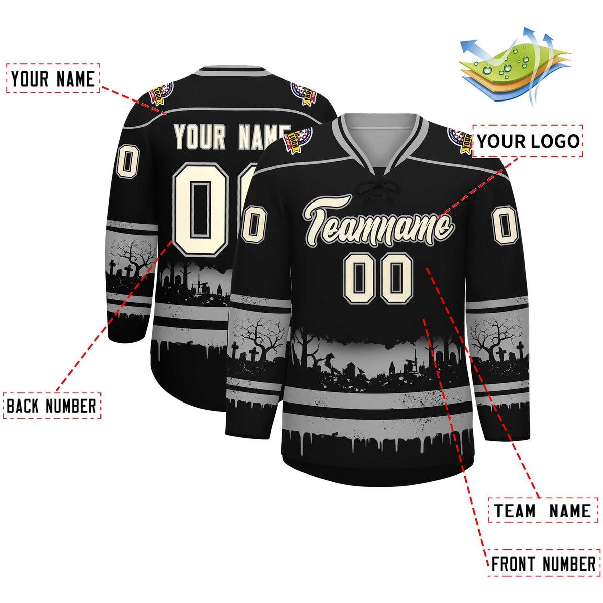 Custom Black Gray Cream Gradient Fashion Halloween Stretch Fabric Hockey Jersey| KXKSHOP