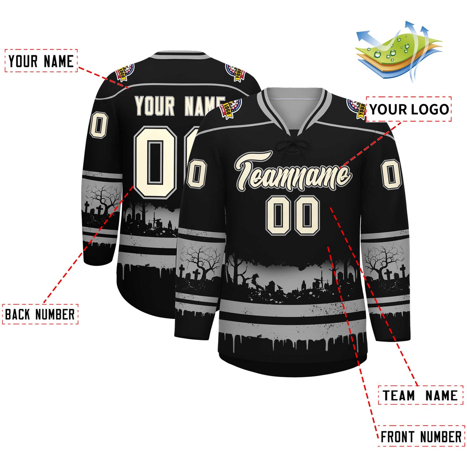 Custom Black Gray Cream Gradient Fashion Halloween Stretch Fabric Hockey Jersey| KXKSHOP