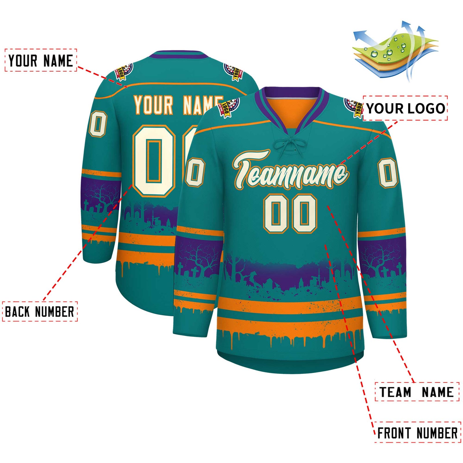 Custom Teal Orange Purple Gradient Fashion Halloween Stretch Fabric Hockey Jersey| KXKSHOP