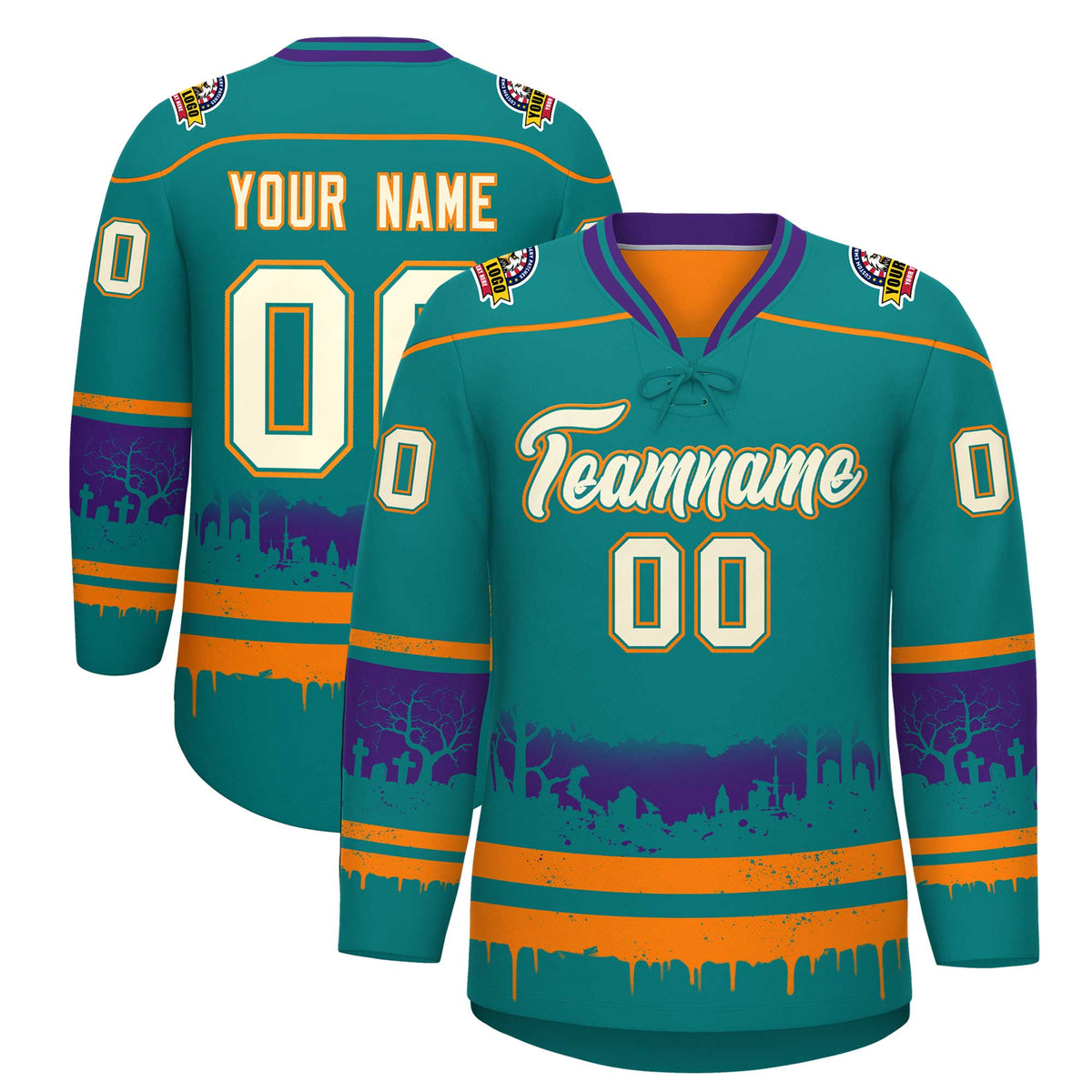 Custom Teal Orange Purple Gradient Fashion Halloween Stretch Fabric Hockey Jersey| KXKSHOP