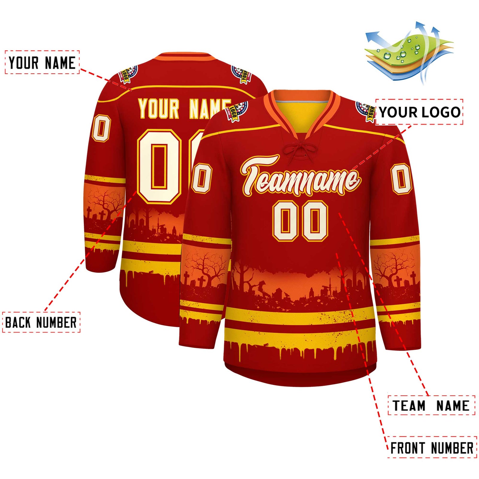 Custom Red Gold Orange Gradient Fashion Halloween Stretch Fabric Hockey Jersey| KXKSHOP