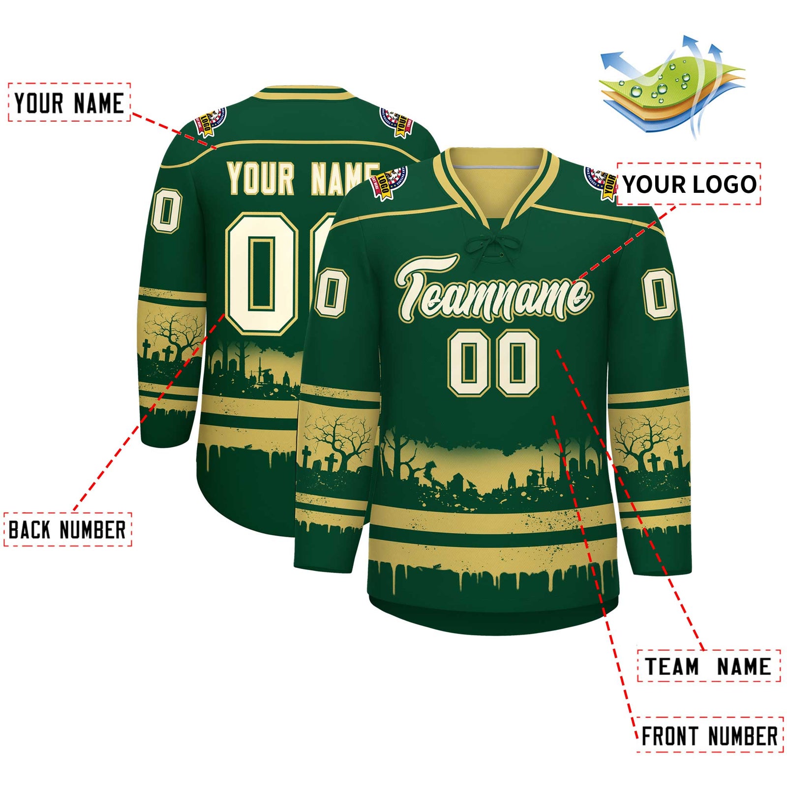 Custom Dark Green Old Gold Cream Gradient Fashion Halloween Stretch Fabric Hockey Jersey| KXKSHOP