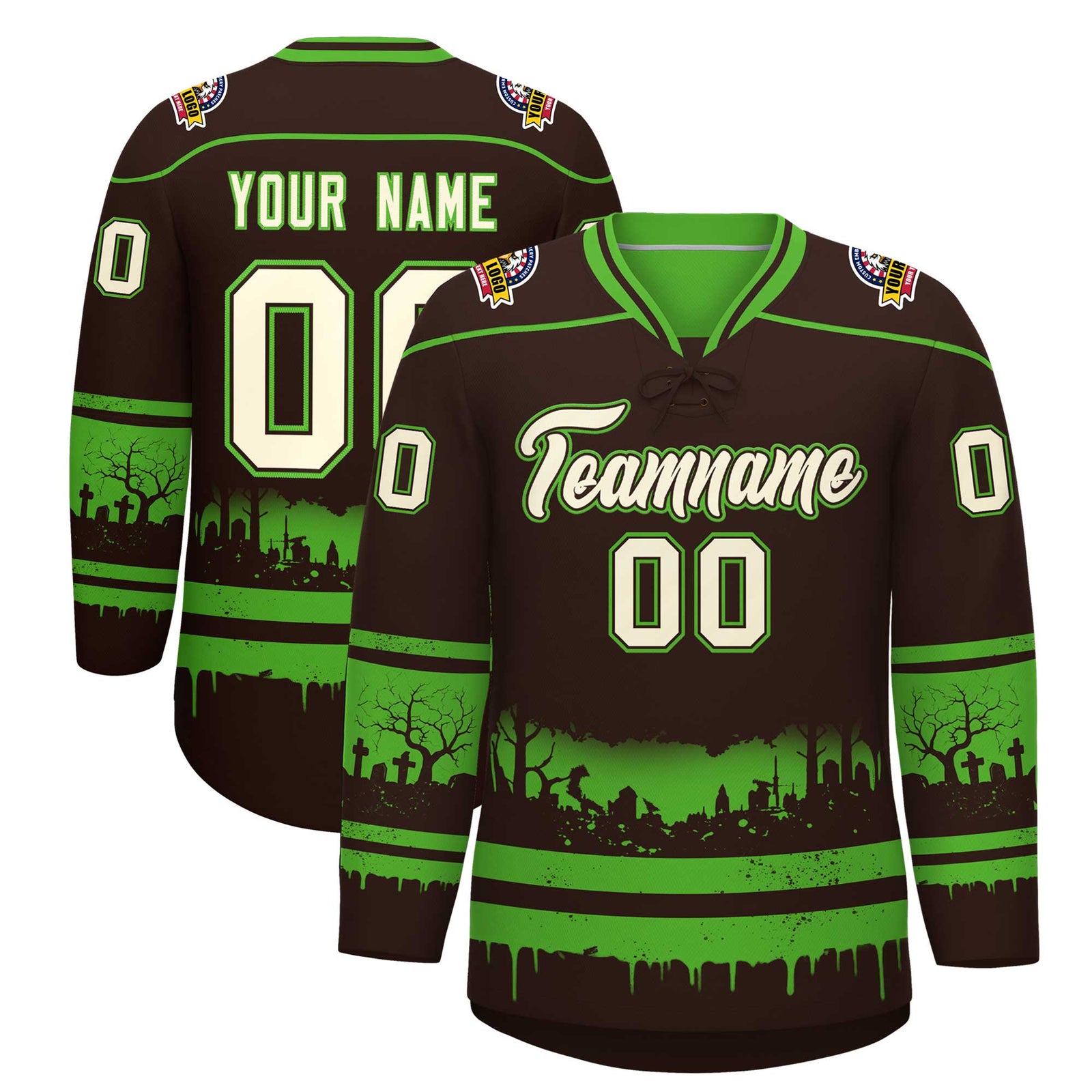 Custom Brown Light Green Cream Gradient Fashion Halloween Stretch Fabric Hockey Jersey| KXKSHOP