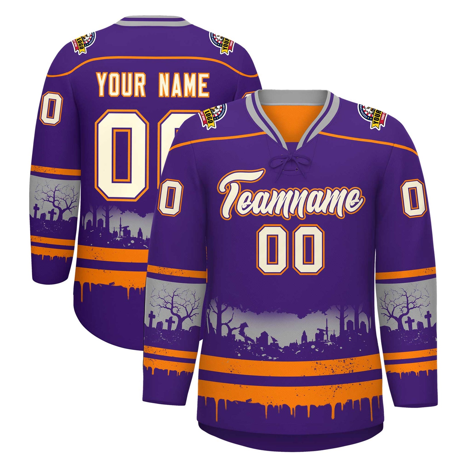 Custom Purple Orange Gray Gradient Fashion Halloween Stretch Fabric Hockey Jersey| KXKSHOP