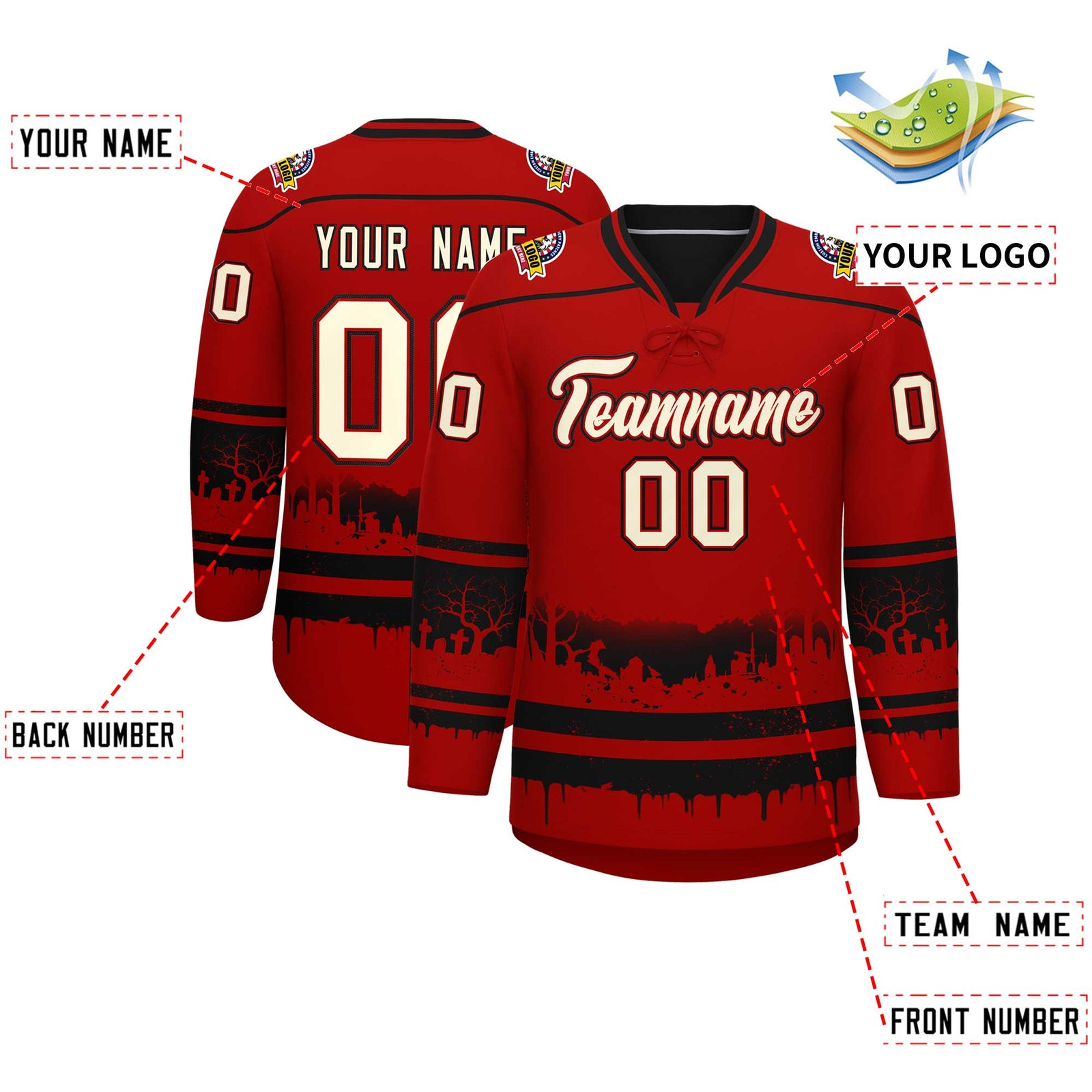 Custom Red Black Cream Gradient Fashion Halloween Stretch Fabric Hockey Jersey| KXKSHOP