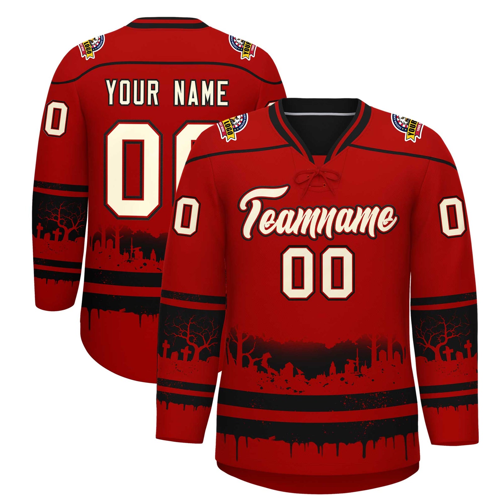 Custom Red Black Cream Gradient Fashion Halloween Stretch Fabric Hockey Jersey| KXKSHOP