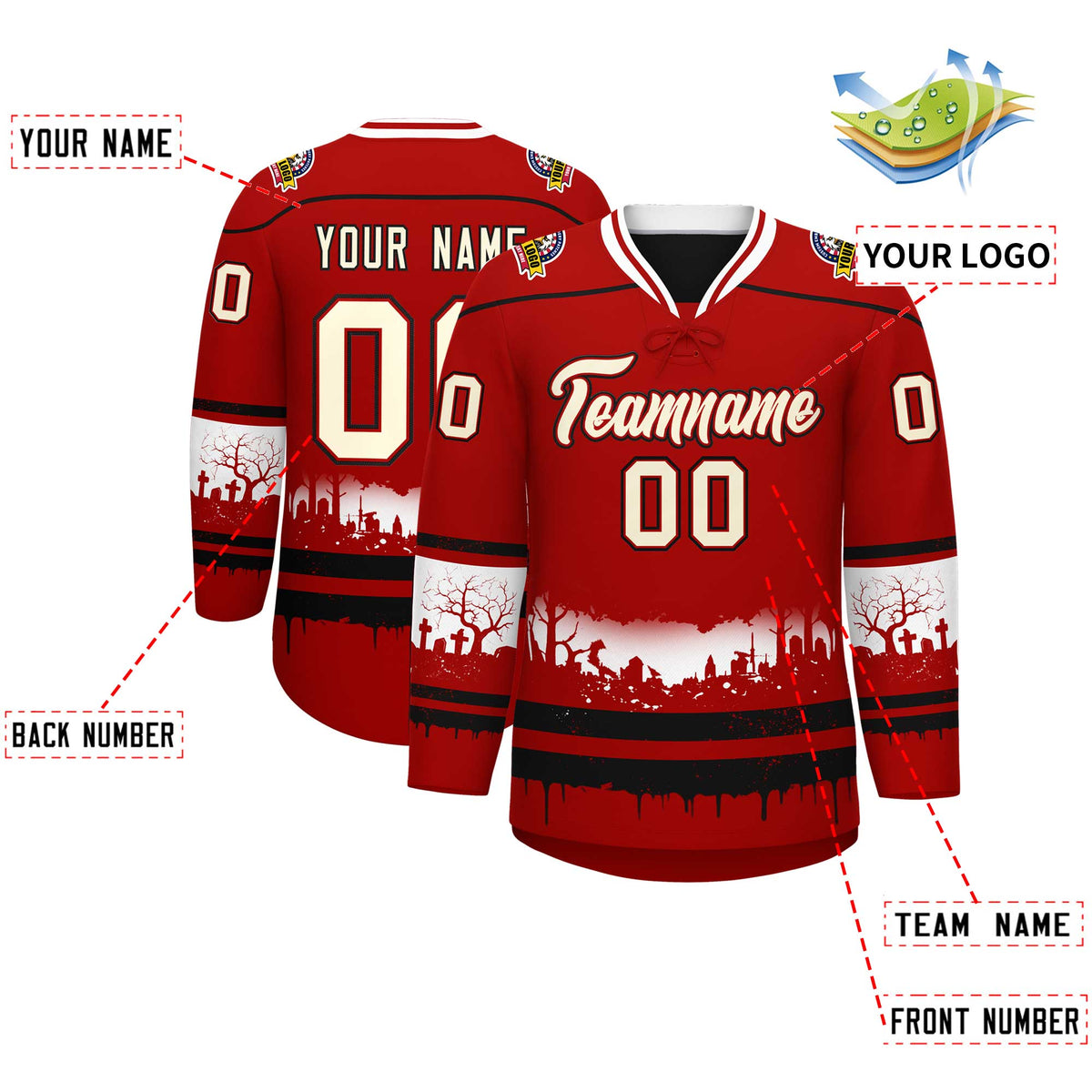 Custom Red Black White Gradient Fashion Halloween Stretch Fabric Hockey Jersey| KXKSHOP