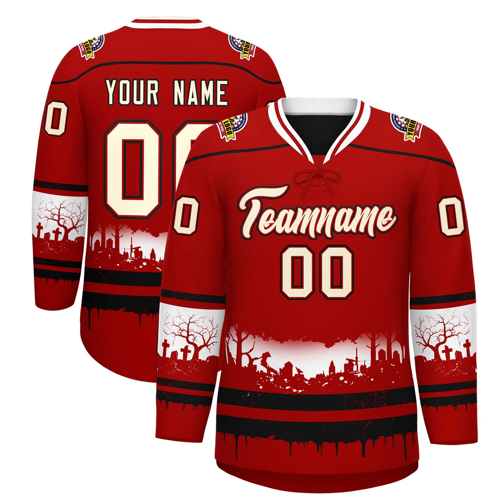 Custom Red Black White Gradient Fashion Halloween Stretch Fabric Hockey Jersey| KXKSHOP