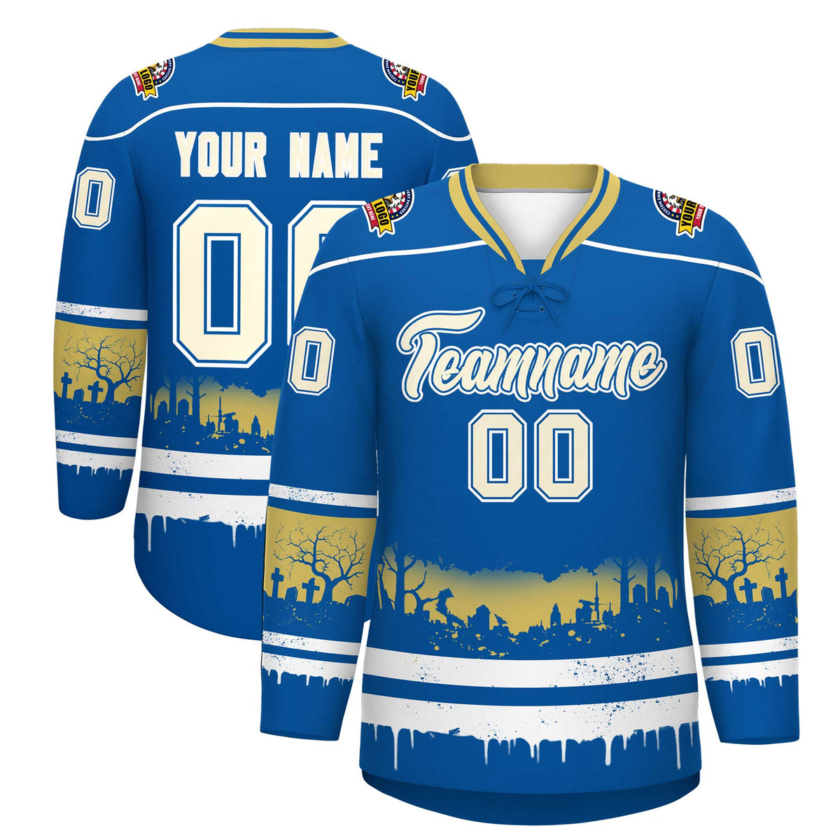 Custom Royal White Old Gold Gradient Fashion Halloween Stretch Fabric Hockey Jersey| KXKSHOP