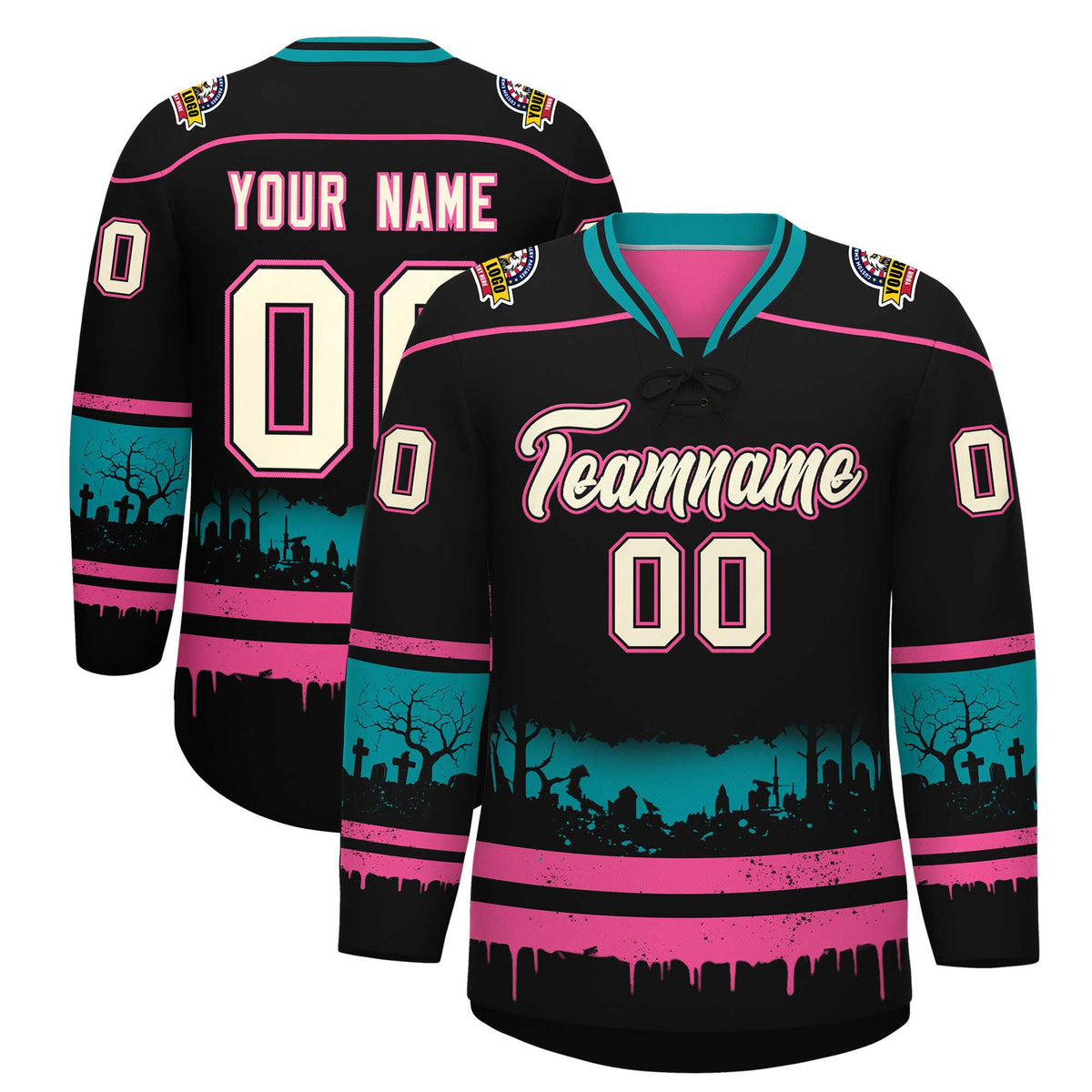 Custom Black Pink Teal Gradient Fashion Halloween Stretch Fabric Hockey Jersey| KXKSHOP