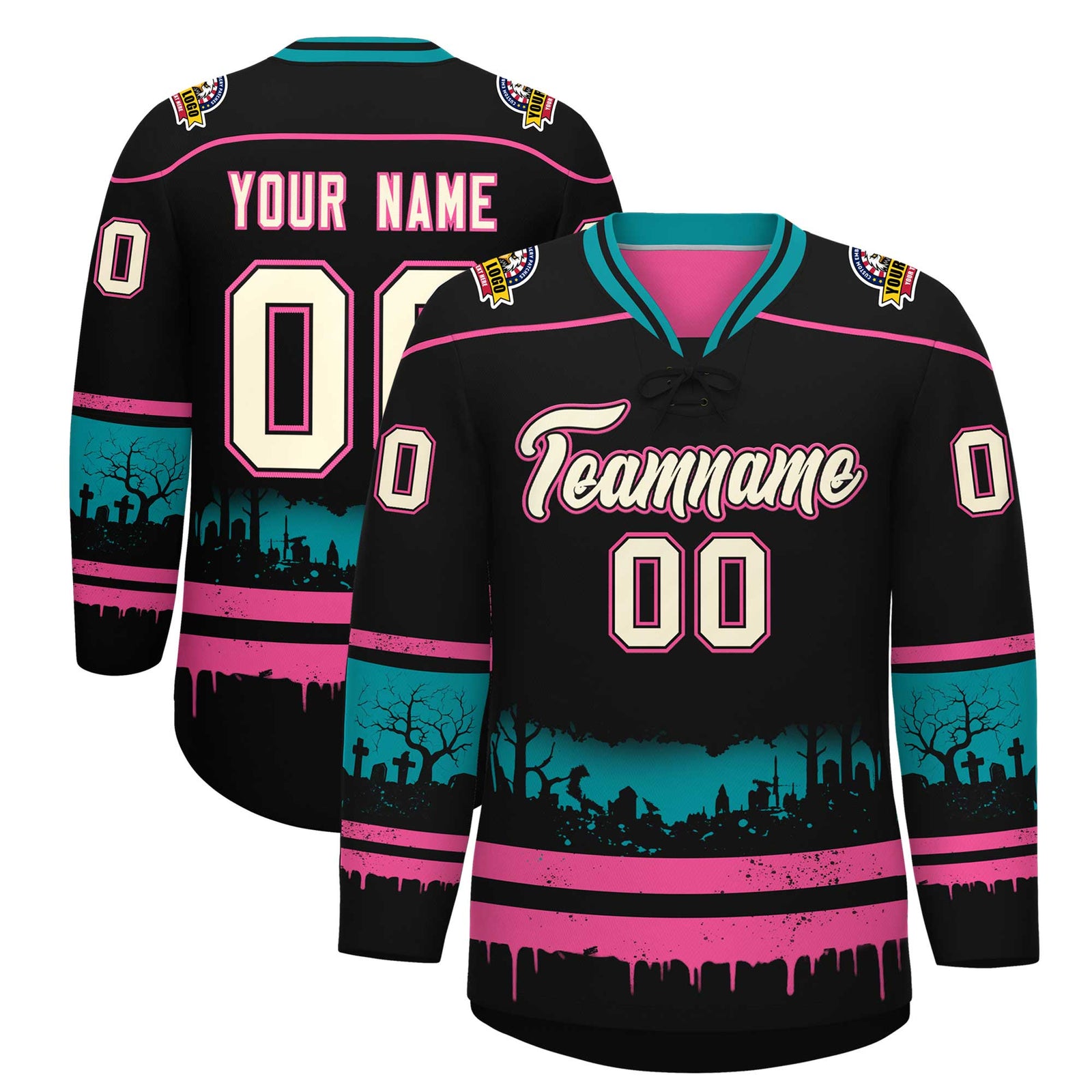 Custom Black Pink Teal Gradient Fashion Halloween Stretch Fabric Hockey Jersey| KXKSHOP
