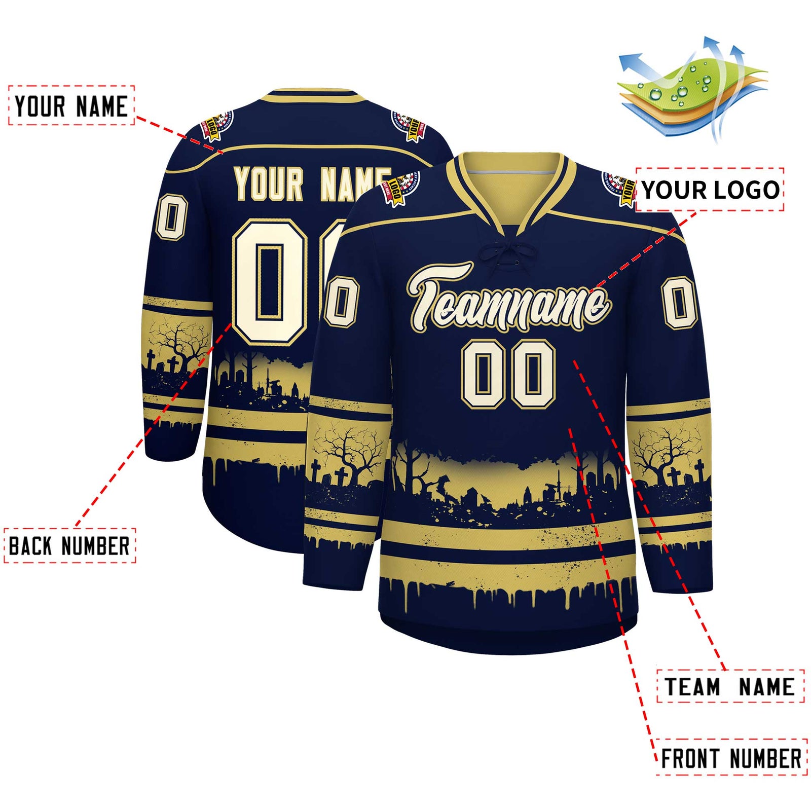 Custom Navy Old Gold Cream Gradient Fashion Halloween Stretch Fabric Hockey Jersey| KXKSHOP