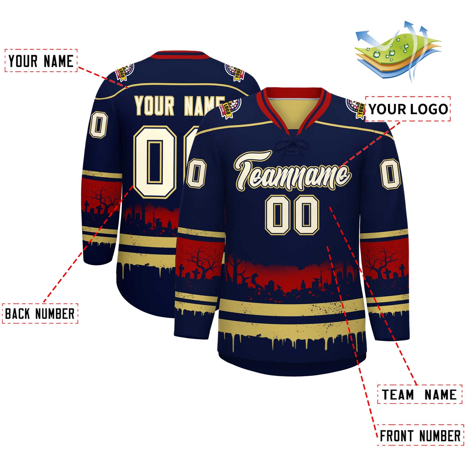 Custom Navy Old Gold Red Gradient Fashion Halloween Stretch Fabric Hockey Jersey| KXKSHOP