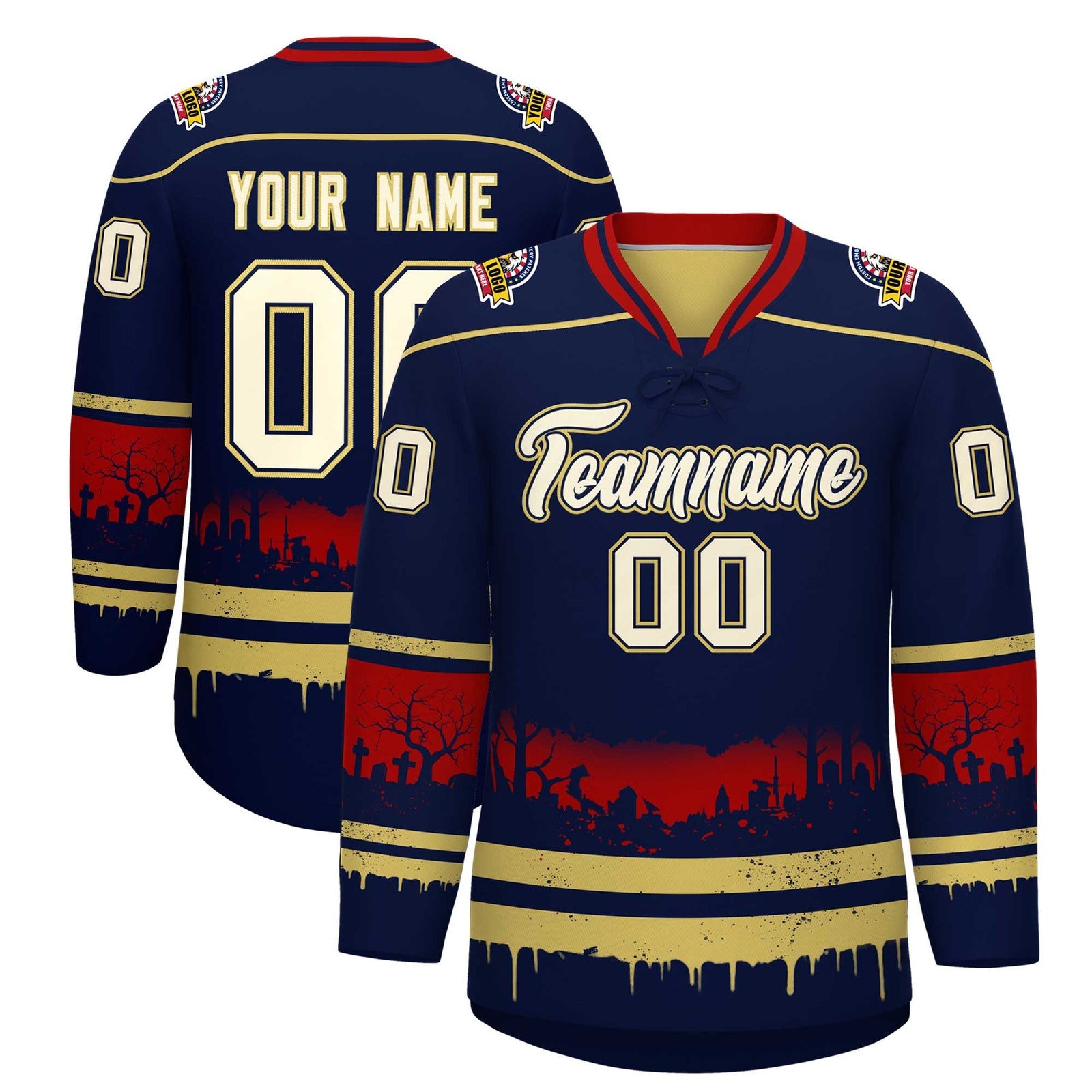 Custom Navy Old Gold Red Gradient Fashion Halloween Stretch Fabric Hockey Jersey| KXKSHOP