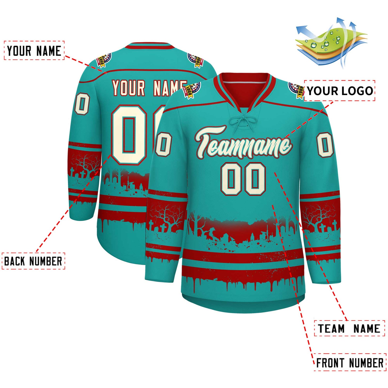 Custom Aqua Red Cream Gradient Fashion Halloween Stretch Fabric Hockey Jersey| KXKSHOP