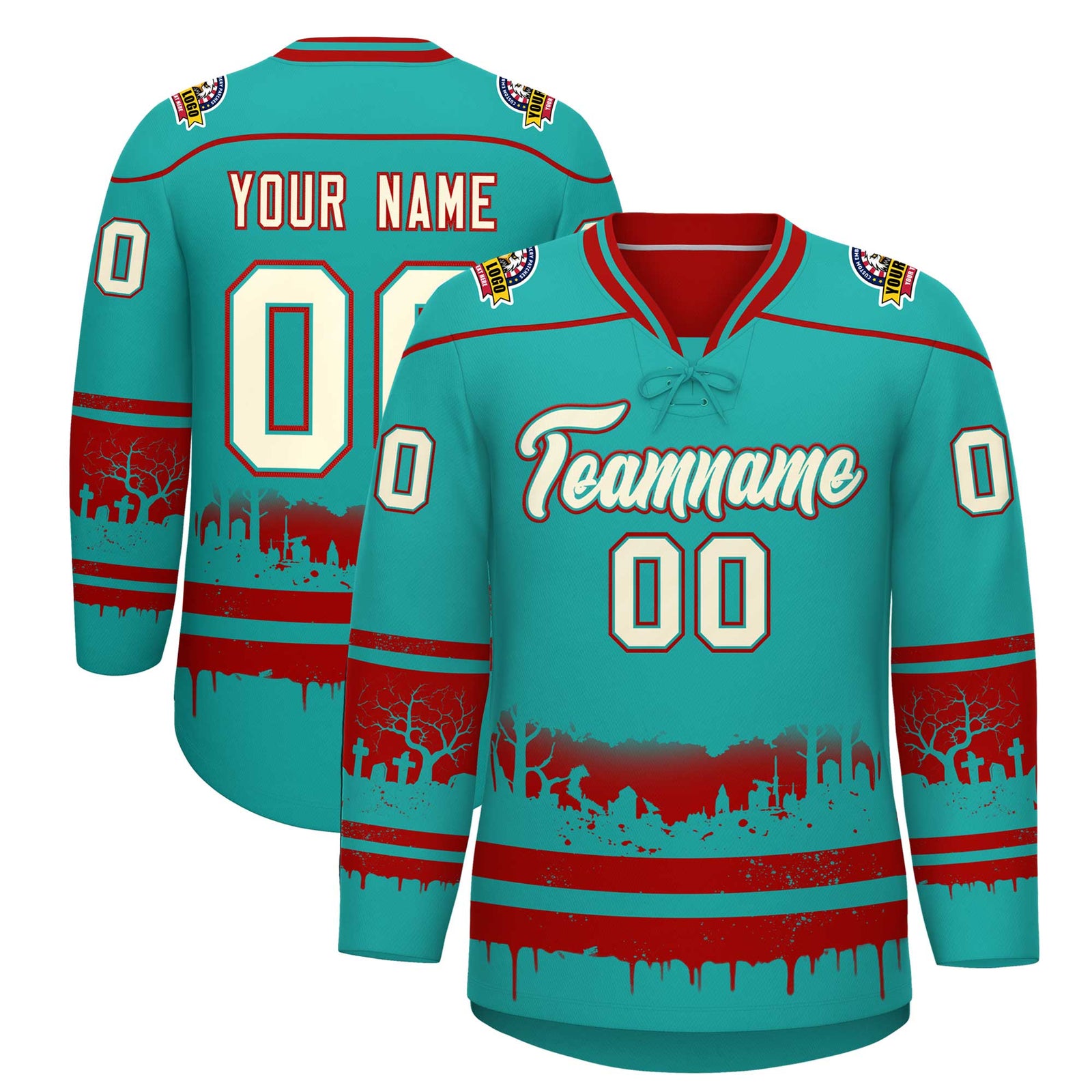 Custom Aqua Red Cream Gradient Fashion Halloween Stretch Fabric Hockey Jersey| KXKSHOP