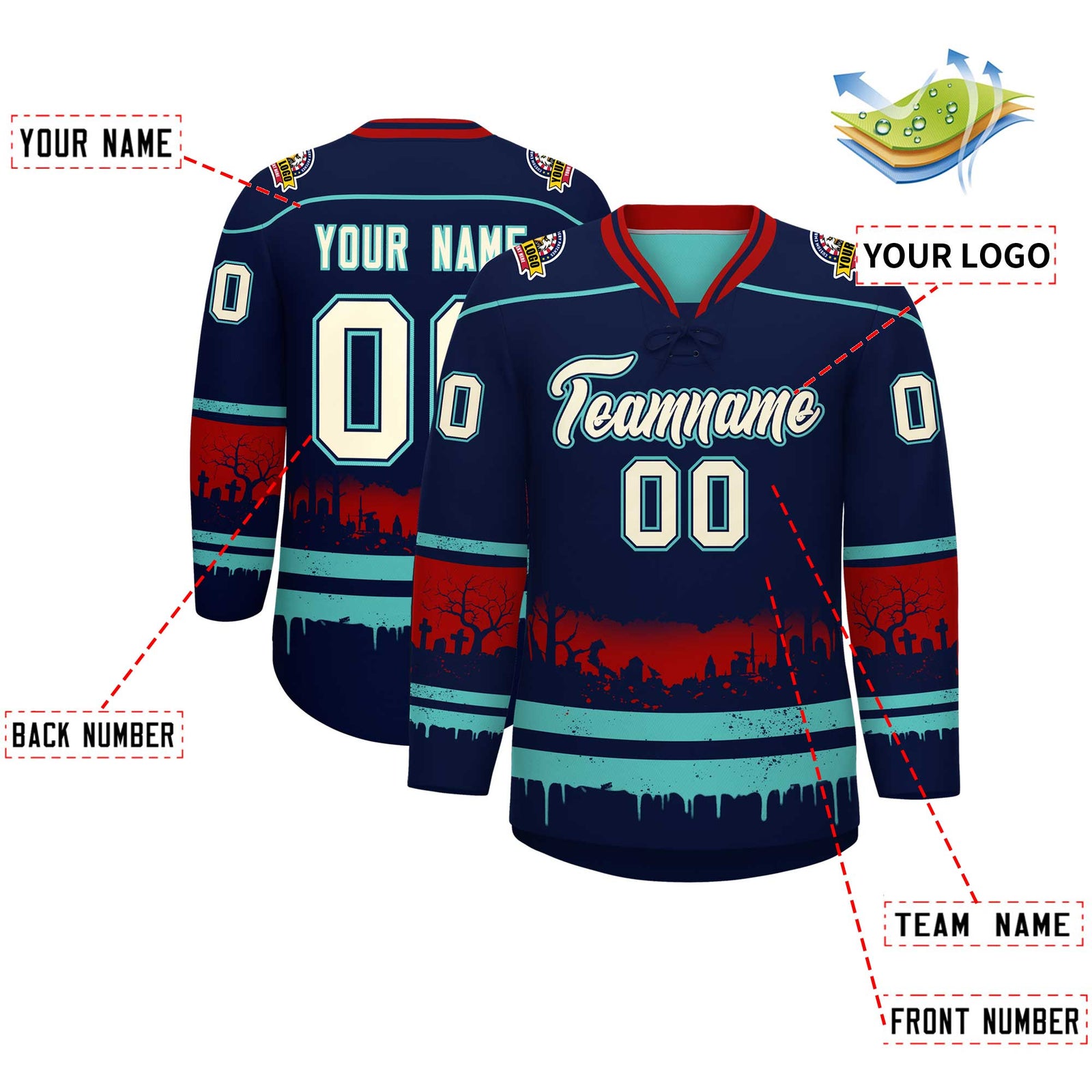 Custom Navy Teal Red Gradient Fashion Halloween Stretch Fabric Hockey Jersey| KXKSHOP