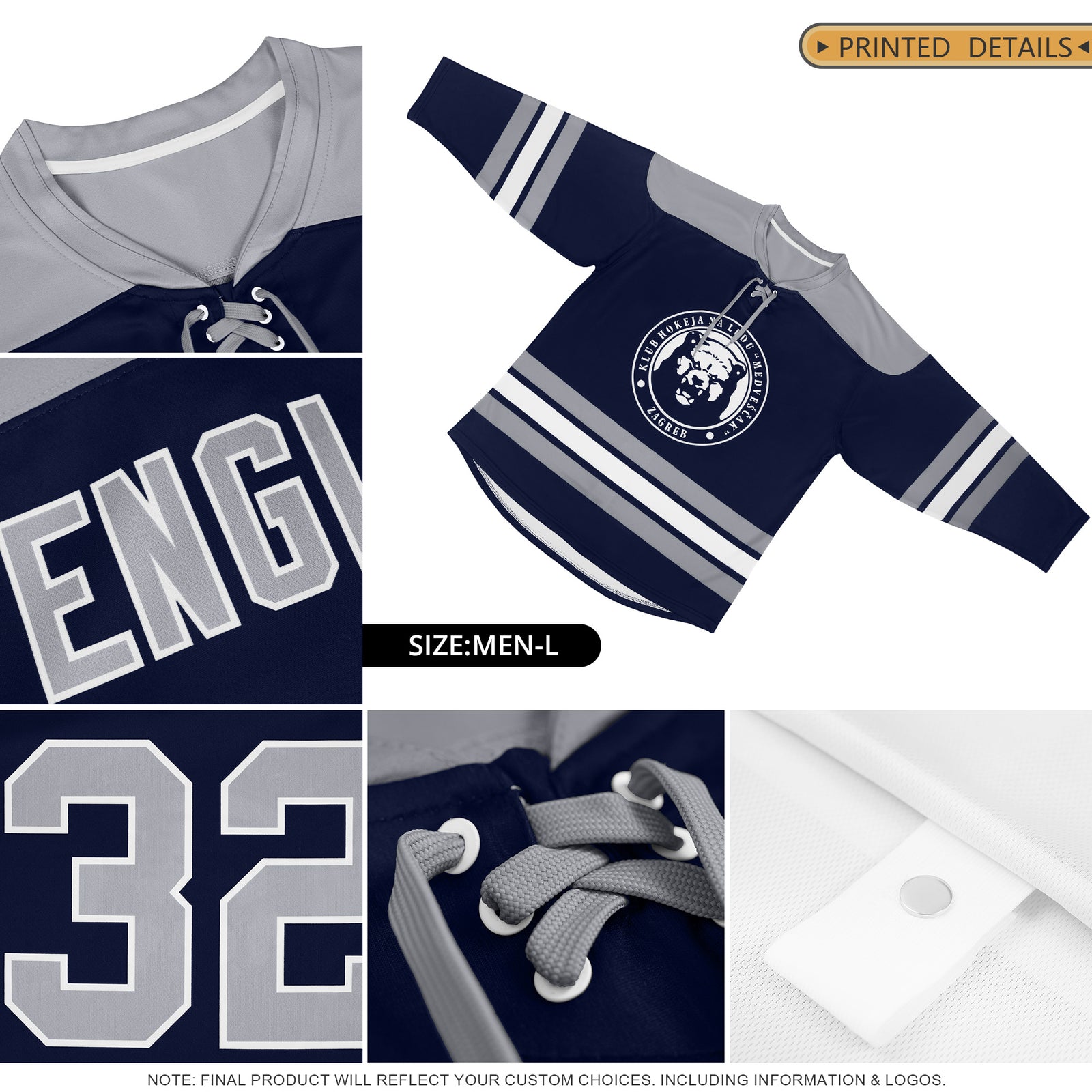 Custom Navy Gray White Personalized Classic Lace-Up Neck Hockey Jersey