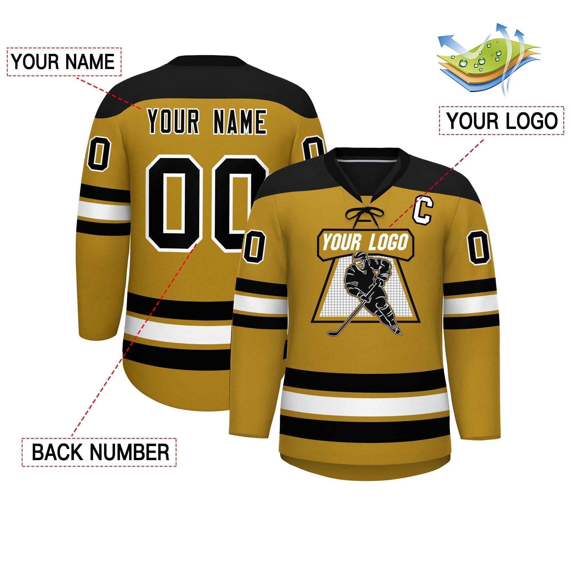 Custom Old Gold Black White Personalized Classic Lace-Up Neck Hockey Jersey