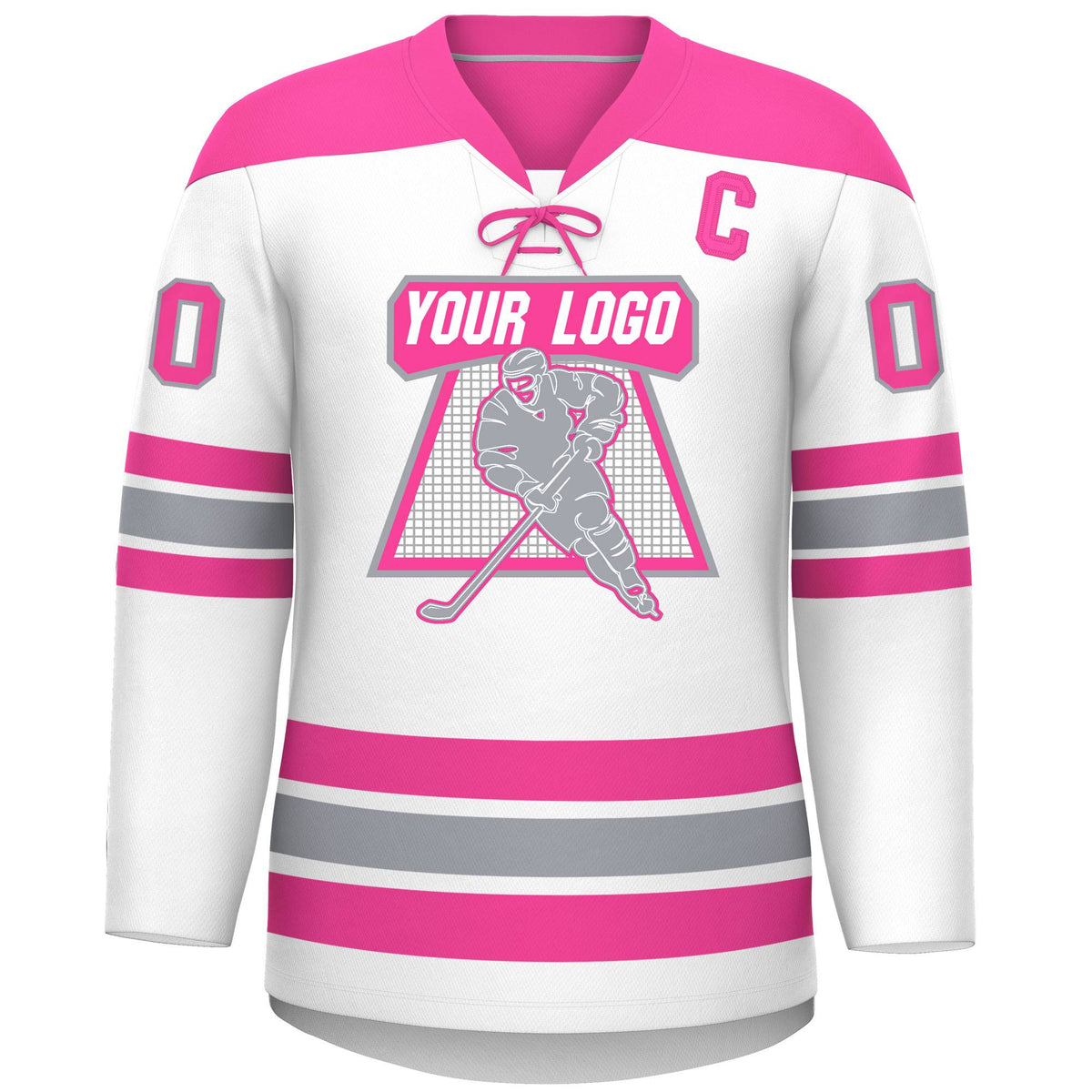Custom White Pink Gray Personalized Classic Lace-Up Neck Hockey Jersey