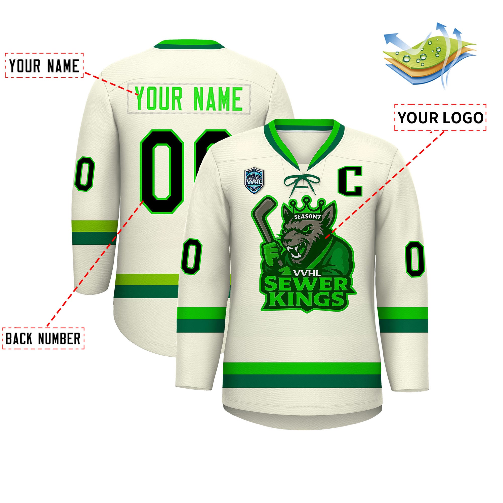 VVHL S9 Sewer Kings White Green Hockey Jersey