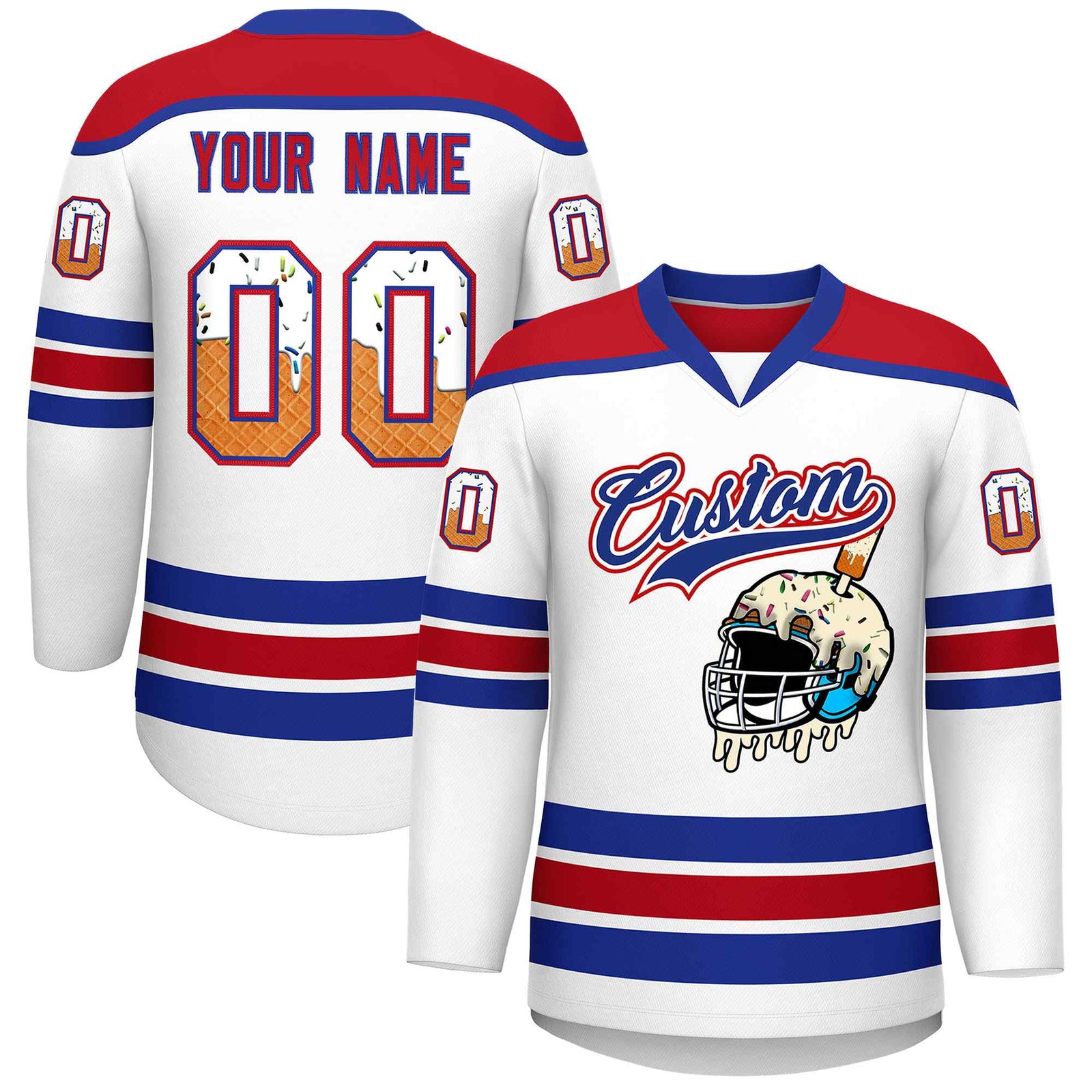 Custom White Royal Blue Ice Cream Helmet Pattern Personalized V-Neck Hockey Jersey