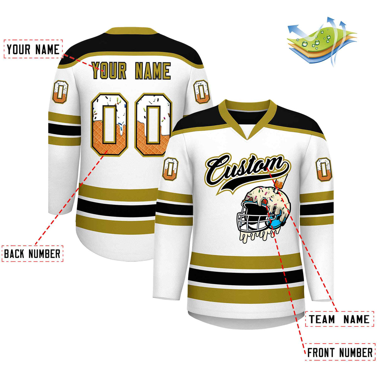 Custom White Old Gold Ice Cream Helmet Pattern Personalized V-Neck Hockey Jersey