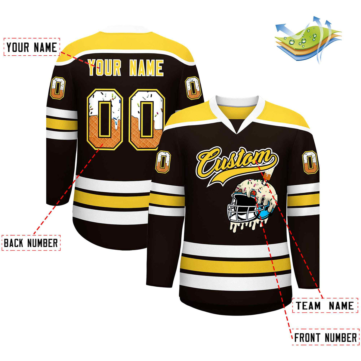 Custom Brown Gold Ice Cream Helmet Pattern Personalized V-Neck Hockey Jersey